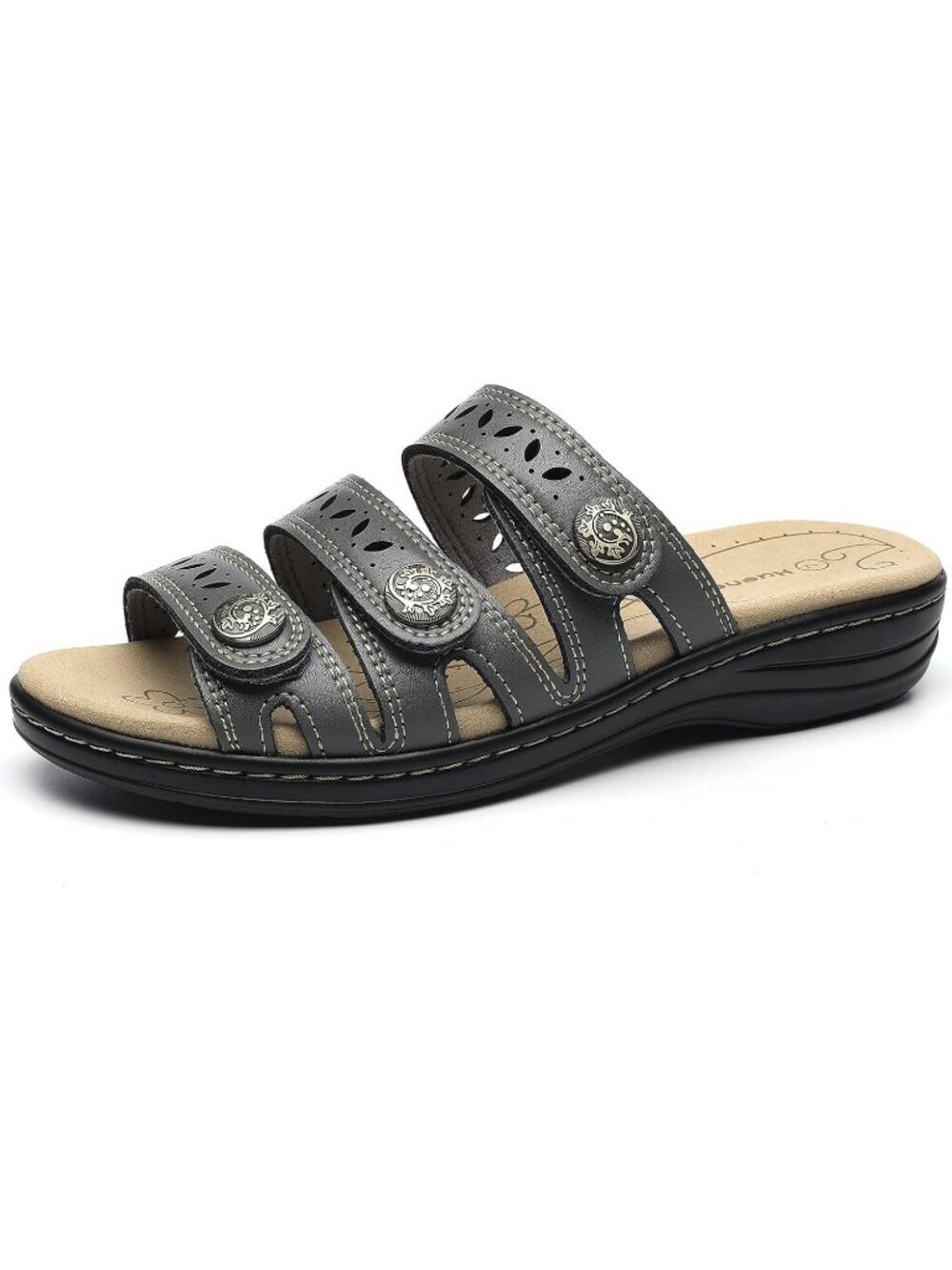 Women's Comfort Leather Slides Flat Sandals Grey Slip On Casual Walking Slippers - Picture 2 of 6